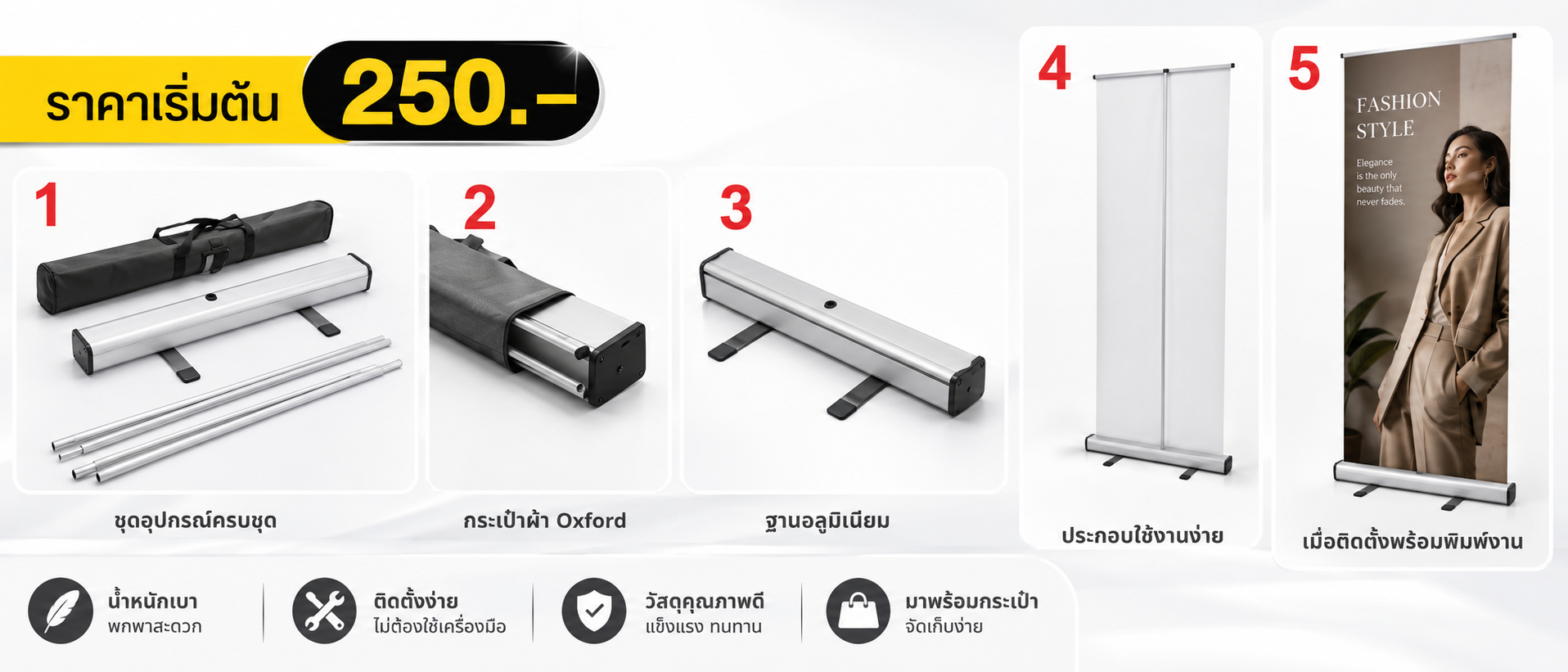 รายละเอียดชุดโครงโรลอัพ อุปกรณ์ และราคาโครงเริ่มต้น 250 บาท